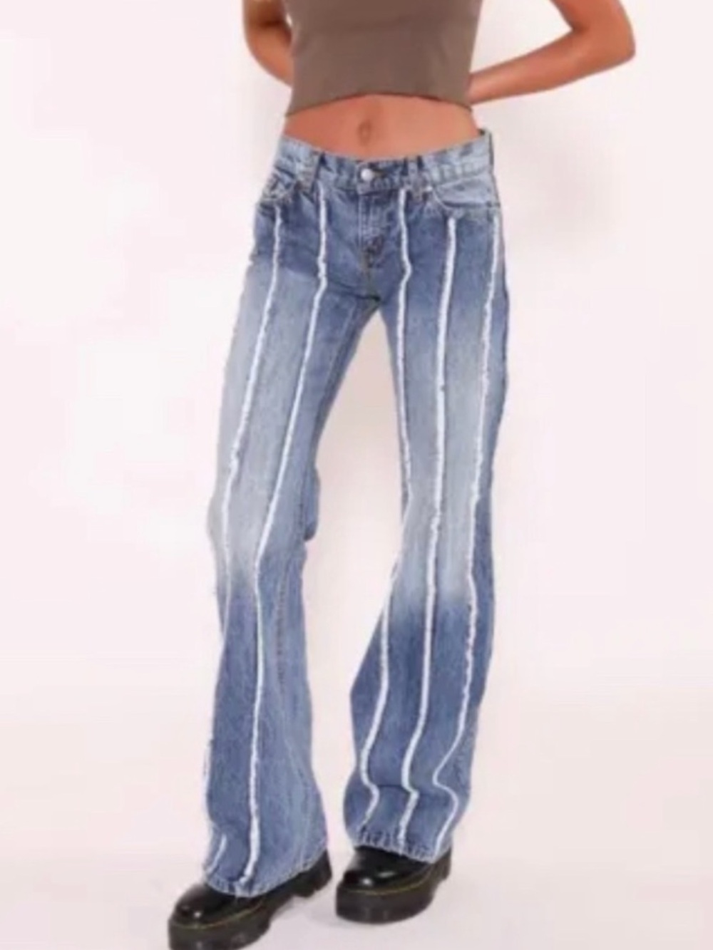 REVICE Low Rise Distressed Vertical-Stripe Flare Jeans